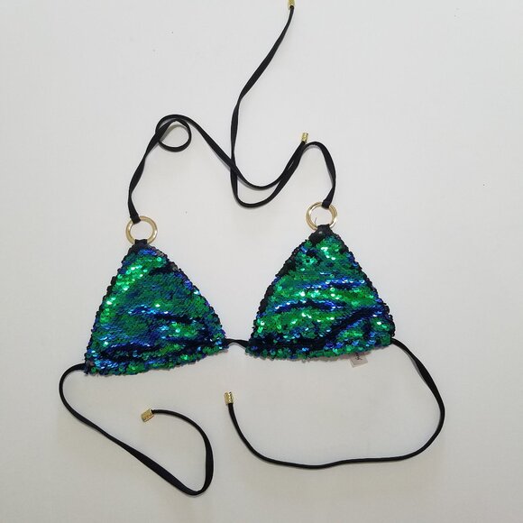 Beach Bunny Siren's Song Sequins Green/Black Triangle Bikini Top Size M - Picture 4 of 11